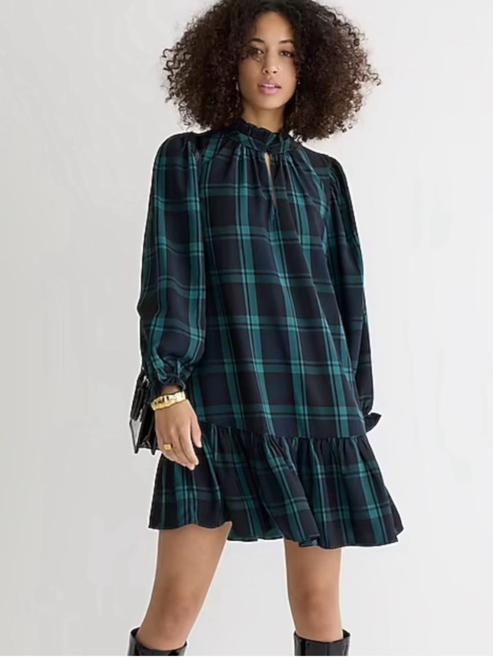 J.Crew Plaid Ruffle Hem Mini Dress SizeXS Black Green Navy Long Sleeve
Mock Neck